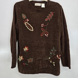 VTG Bobbie Brooks Woodland Brown‎ Floral Embroider Chenille Tunic Sweater Medium